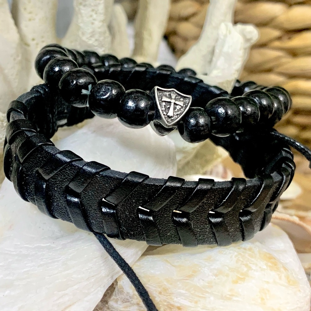Black Leather & Bead Cross Bracelet Set